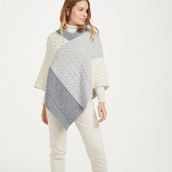 Aran Salthill Patchwork Poncho Tri Color 100% Merino Wool Ireland NEW - Picture 2 of 7